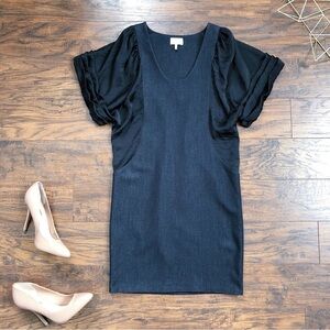 2Love Tony Cohen • black sheath dress pleated silk sleeves draped designer lbd